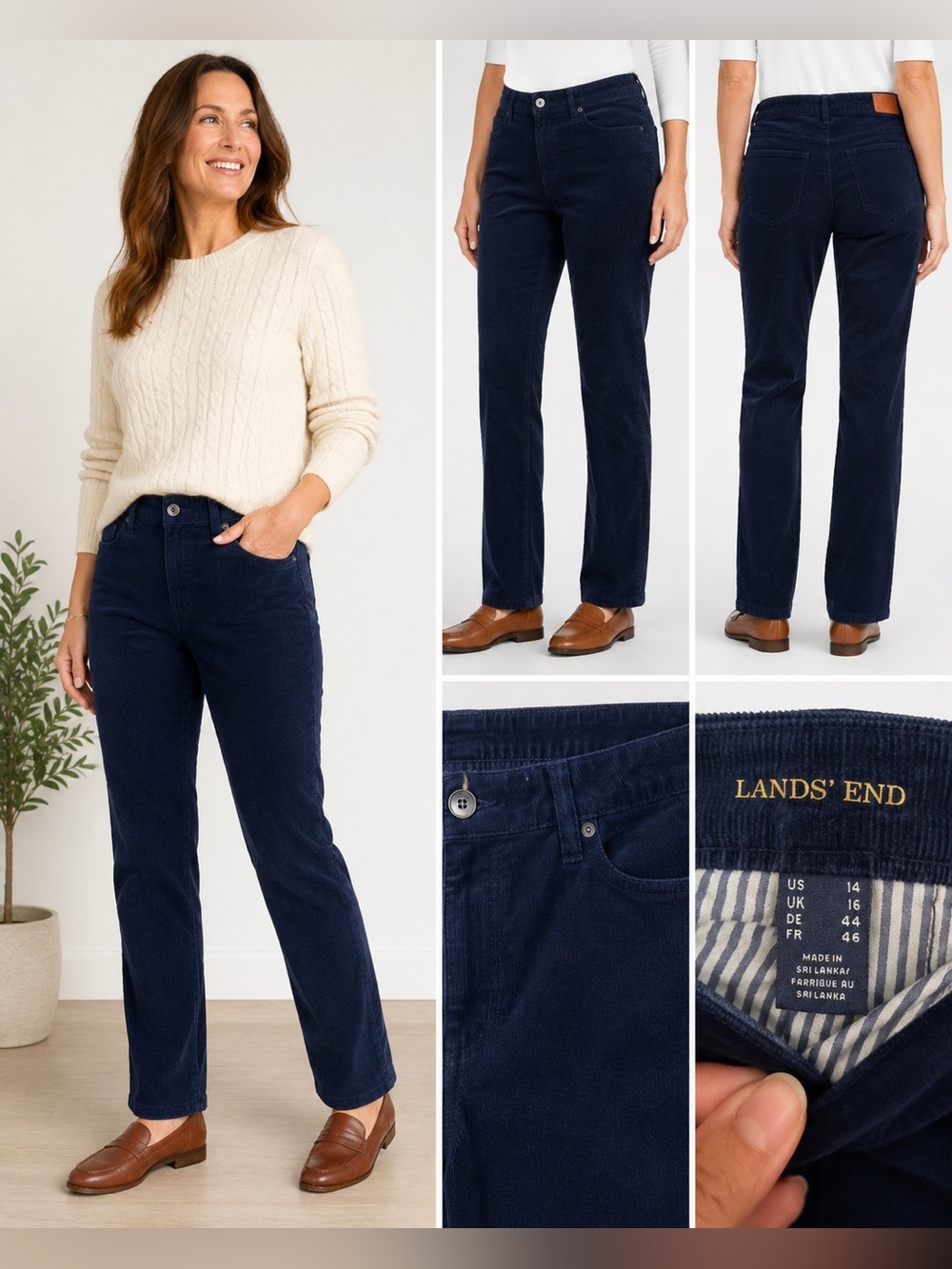 Lands’ End Mid Rise Straight Corduroy Pants Navy Blue Size 14 Stretch Euc